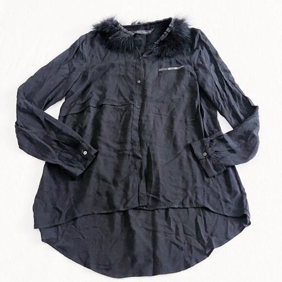 Zara Black Button Down Faux Feather Collar Leather Trim Top SZM - Picture 4 of 6